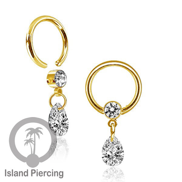 BCR piercing stainless warna gold, tindik tragus, daith, helix dengan tetes zirconia