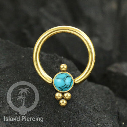 BCR piercing stainless warna gold dengan batu. Tragus, daith, helix, tindik alis dan septum ring
