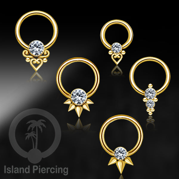 BCR piercing stainless warna gold dengan kristal zirconia, Tragus, Septum dan Helix piercing