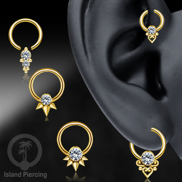 BCR piercing stainless warna gold dengan kristal zirconia, Tragus, Septum dan Helix piercing