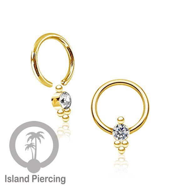 BCR piercing stainless warna gold dengan kristal zirconia, Tragus, Septum dan Helix piercing