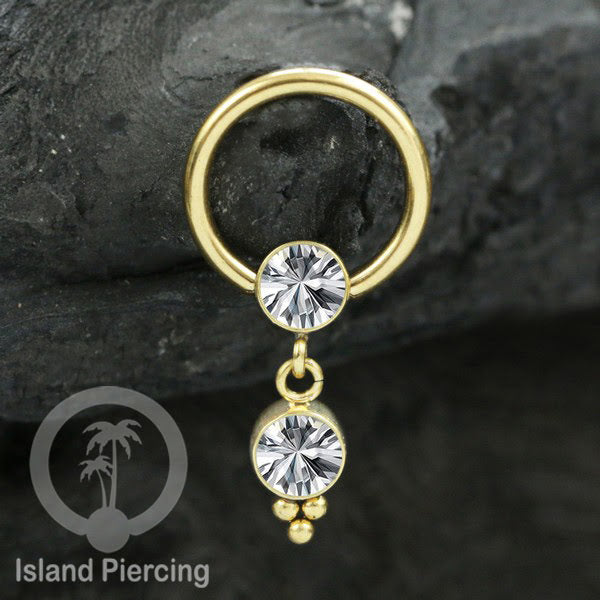 BCR piercing stainless warna gold dengan liotin kristal zirconia charm, Tragus, Helix piercing