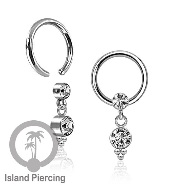 BCR piercing stainless warna silver dengan liotin kristal zirconia charm, Tragus, Helix piercing