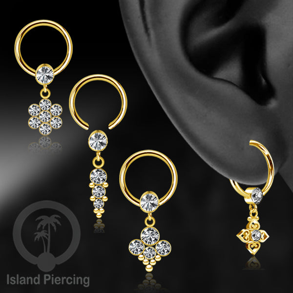 BCR piercing stainless warna gold dengan liotin kristal zirconia charm, Tragus, Helix piercing
