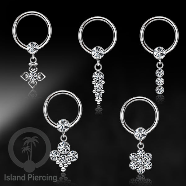 BCR piercing stainless warna silver dengan liotin kristal zirconia charm, Tragus, Helix piercing