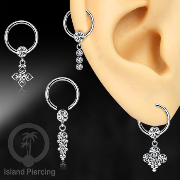 BCR piercing stainless warna silver dengan liotin kristal zirconia charm, Tragus, Helix piercing