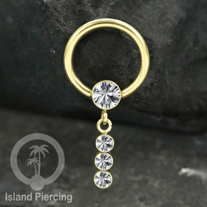 BCR piercing stainless warna gold dengan liotin kristal zirconia charm, Tragus, Helix piercing
