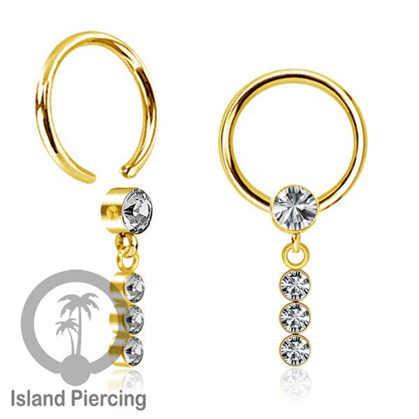 BCR piercing stainless warna gold dengan liotin kristal zirconia charm, Tragus, Helix piercing