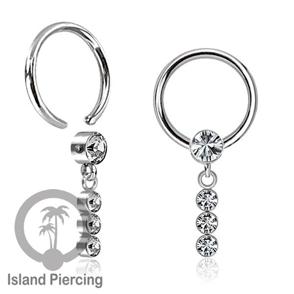 BCR piercing stainless warna silver dengan liotin kristal zirconia charm, Tragus, Helix piercing