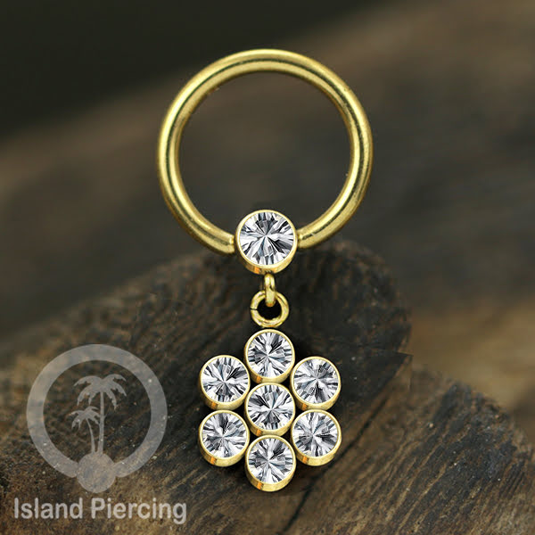 BCR piercing stainless warna gold dengan liotin kristal zirconia charm, Tragus, Helix piercing