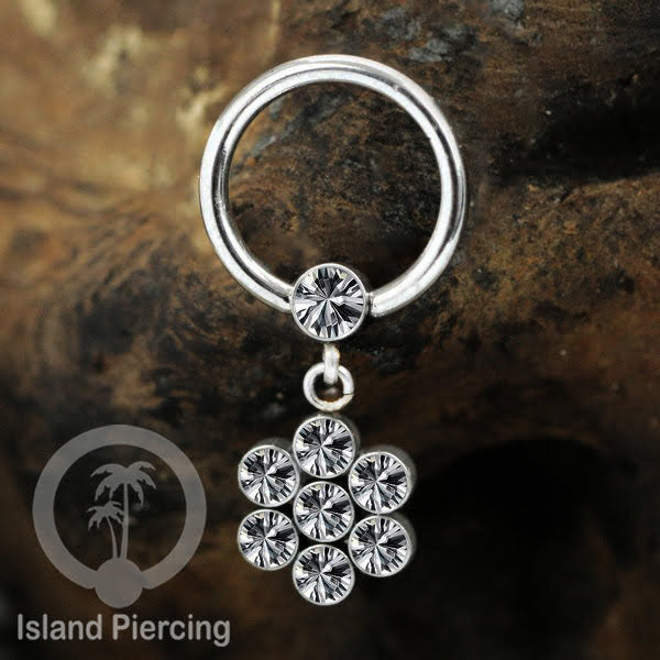BCR piercing stainless warna silver dengan liotin kristal zirconia charm, Tragus, Helix piercing