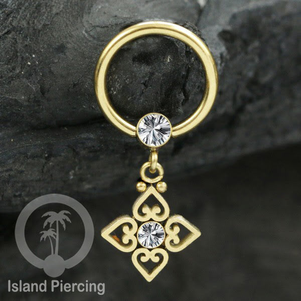 BCR piercing stainless warna gold dengan liotin kristal zirconia charm, Tragus, Helix piercing
