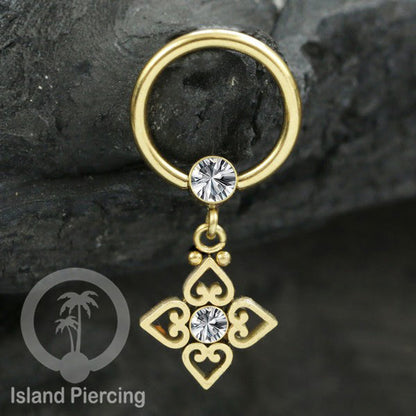 BCR piercing stainless warna gold dengan liotin kristal zirconia charm, Tragus, Helix piercing