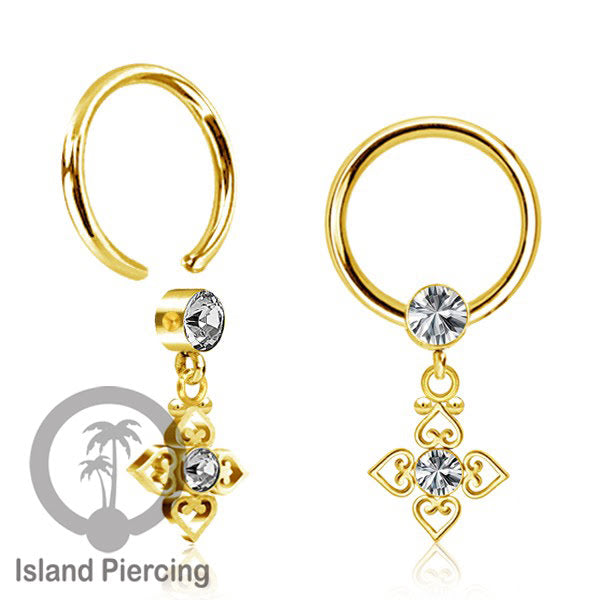 BCR piercing stainless warna gold dengan liotin kristal zirconia charm, Tragus, Helix piercing