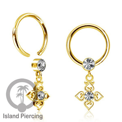 BCR piercing stainless warna gold dengan liotin kristal zirconia charm, Tragus, Helix piercing