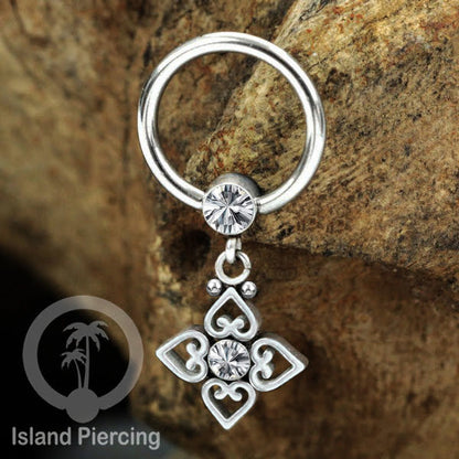 BCR piercing stainless warna silver dengan liotin kristal zirconia charm, Tragus, Helix piercing