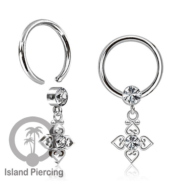 BCR piercing stainless warna silver dengan liotin kristal zirconia charm, Tragus, Helix piercing