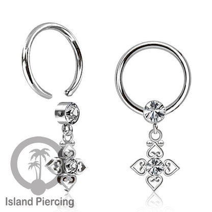BCR piercing stainless warna silver dengan liotin kristal zirconia charm, Tragus, Helix piercing