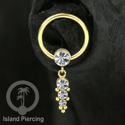 BCR piercing stainless warna gold dengan liotin kristal zirconia charm, Tragus, Helix piercing