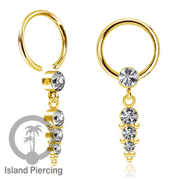 BCR piercing stainless warna gold dengan liotin kristal zirconia charm, Tragus, Helix piercing