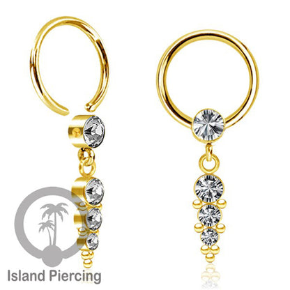 BCR piercing stainless warna gold dengan liotin kristal zirconia charm, Tragus, Helix piercing