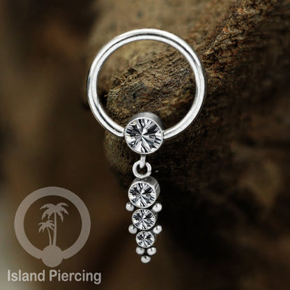 BCR piercing stainless warna silver dengan liotin kristal zirconia charm, Tragus, Helix piercing