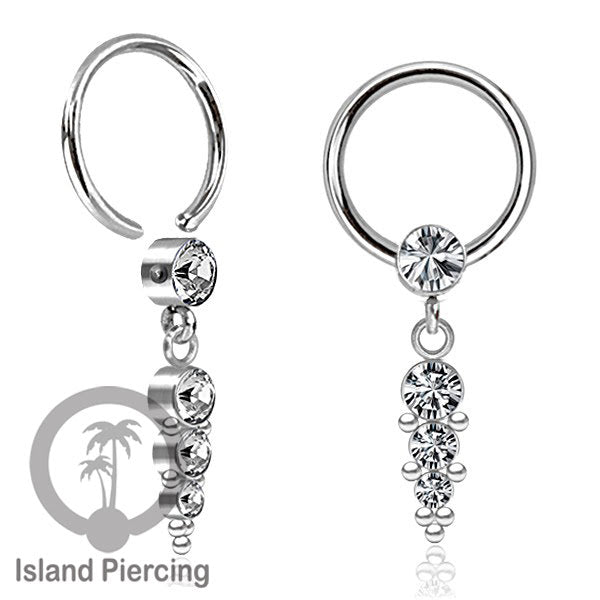 BCR piercing stainless warna silver dengan liotin kristal zirconia charm, Tragus, Helix piercing