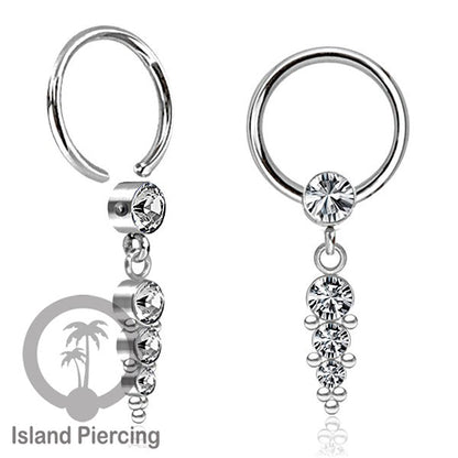 BCR piercing stainless warna silver dengan liotin kristal zirconia charm, Tragus, Helix piercing