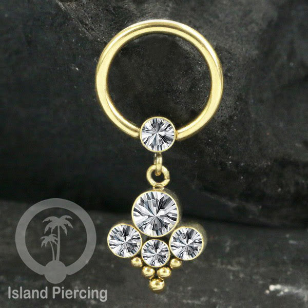 BCR piercing stainless warna gold dengan liotin kristal zirconia charm, Tragus, Helix piercing