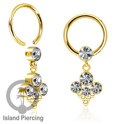 BCR piercing stainless warna gold dengan liotin kristal zirconia charm, Tragus, Helix piercing