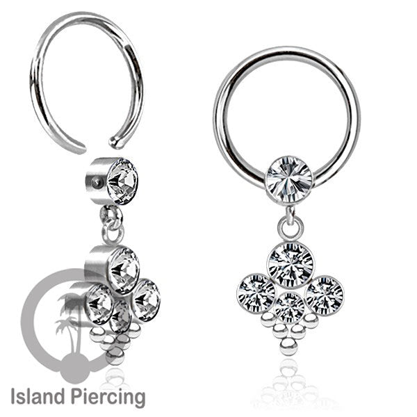 BCR piercing stainless warna silver dengan liotin kristal zirconia charm, Tragus, Helix piercing