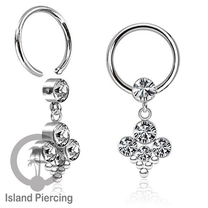 BCR piercing stainless warna silver dengan liotin kristal zirconia charm, Tragus, Helix piercing