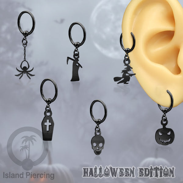 BCR Piercing Stainless warna hitam Tindik model Gothic Halloween, Tengkorak, sihir, peti...