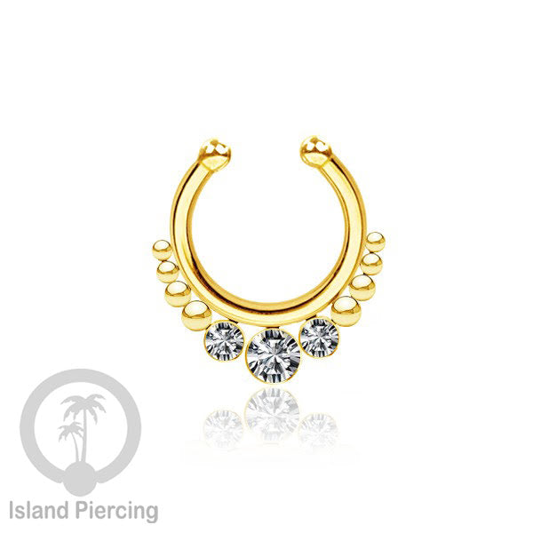 Tindik hidung palsu, Septum Piercing dengan 3 batu, nose jewelry warna gold