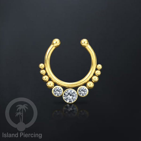 Tindik hidung palsu, Septum Piercing dengan 3 batu, nose jewelry warna gold