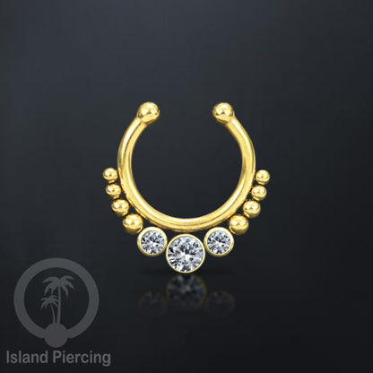 Tindik hidung palsu, Septum Piercing dengan 3 batu, nose jewelry warna gold