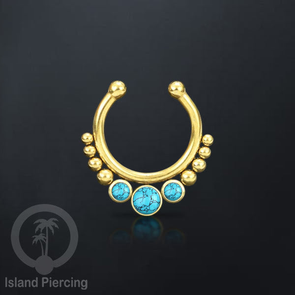 Tindik hidung palsu, Septum Piercing dengan 3 batu, nose jewelry warna gold