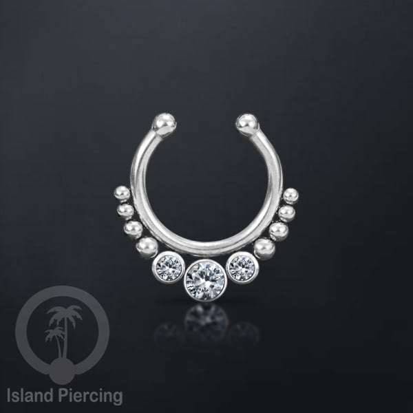 Tindik hidung palsu, Septum Piercing dengan 3 batu, perhiasan hidung warna silver