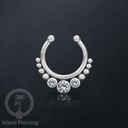 Tindik hidung palsu, Septum Piercing dengan 3 batu, perhiasan hidung warna silver