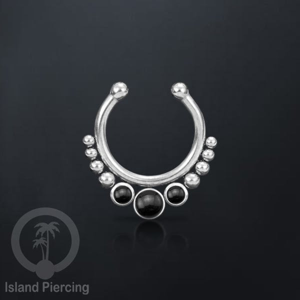 Tindik hidung palsu, Septum Piercing dengan 3 batu, perhiasan hidung warna silver