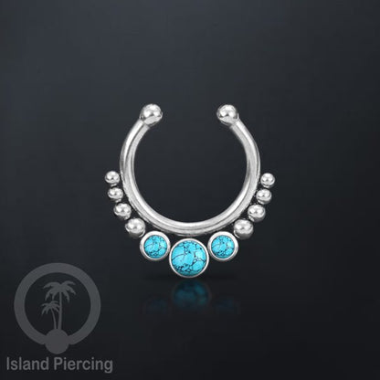 Tindik hidung palsu, Septum Piercing dengan 3 batu, perhiasan hidung warna silver