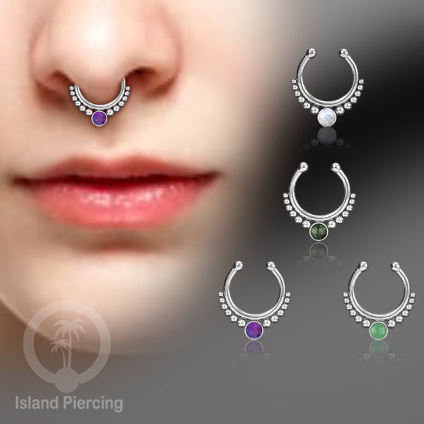 Tindik hidung Septum palsu pakai batu asli banyak warna, Nose Piercing Septum Jewelry warna gold.