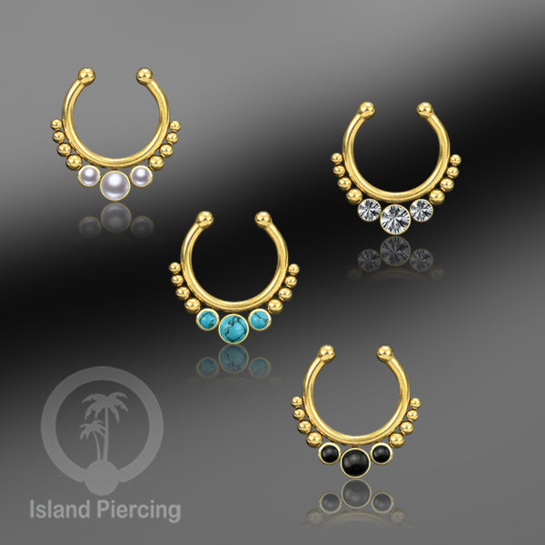 Tindik hidung palsu, Septum Piercing dengan 3 batu, nose jewelry warna gold