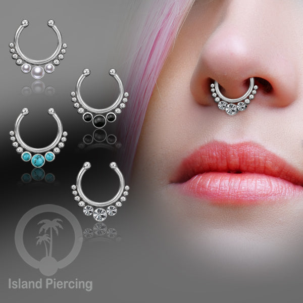 Tindik hidung palsu, Septum Piercing dengan 3 batu, perhiasan hidung warna silver