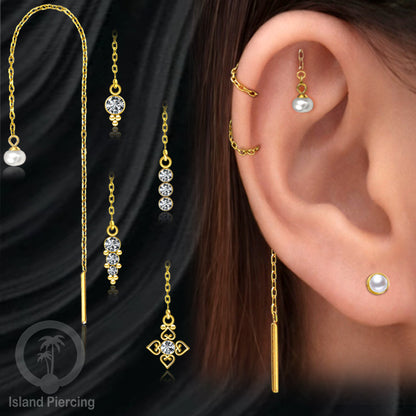 Anting Rantai Ear Threader Stainless warna gold dengan Kristal Zircon dan Mutiara Asli