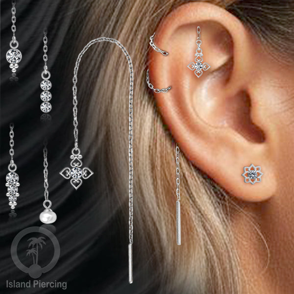 Anting Rantai Ear Threader Stainless warna silver dengan Kristal Zircon dan Mutiara Asli