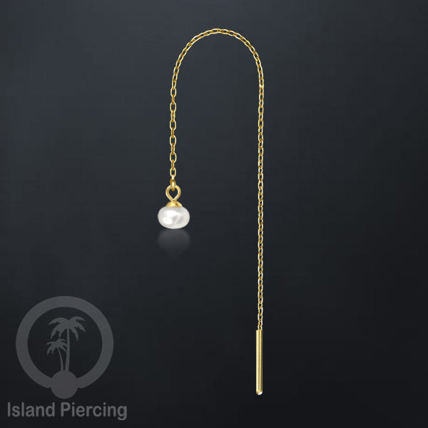 Anting Rantai Ear Threader Stainless warna gold dengan Kristal Zircon dan Mutiara Asli