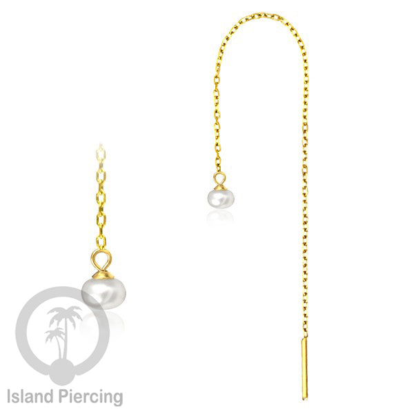 Anting Rantai Ear Threader Stainless warna gold dengan Kristal Zircon dan Mutiara Asli