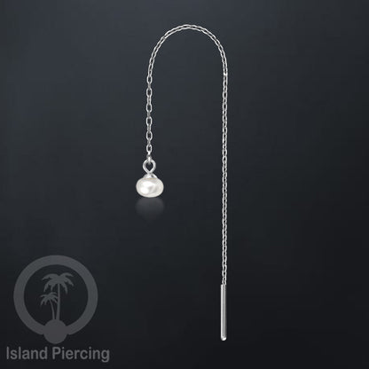 Anting Rantai Ear Threader Stainless warna silver dengan Kristal Zircon dan Mutiara Asli