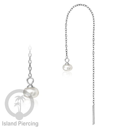 Anting Rantai Ear Threader Stainless warna silver dengan Kristal Zircon dan Mutiara Asli
